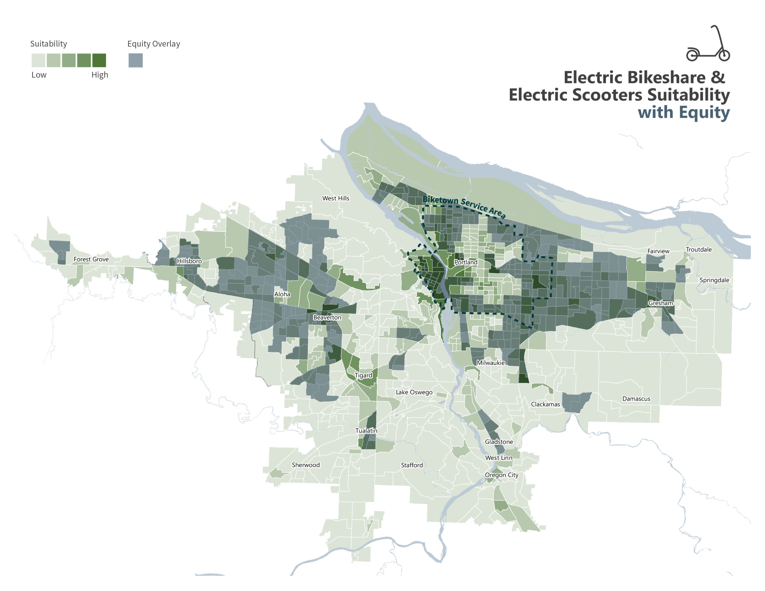 Electric Bikeshare & Electric Scooters Suitability with Equity Map