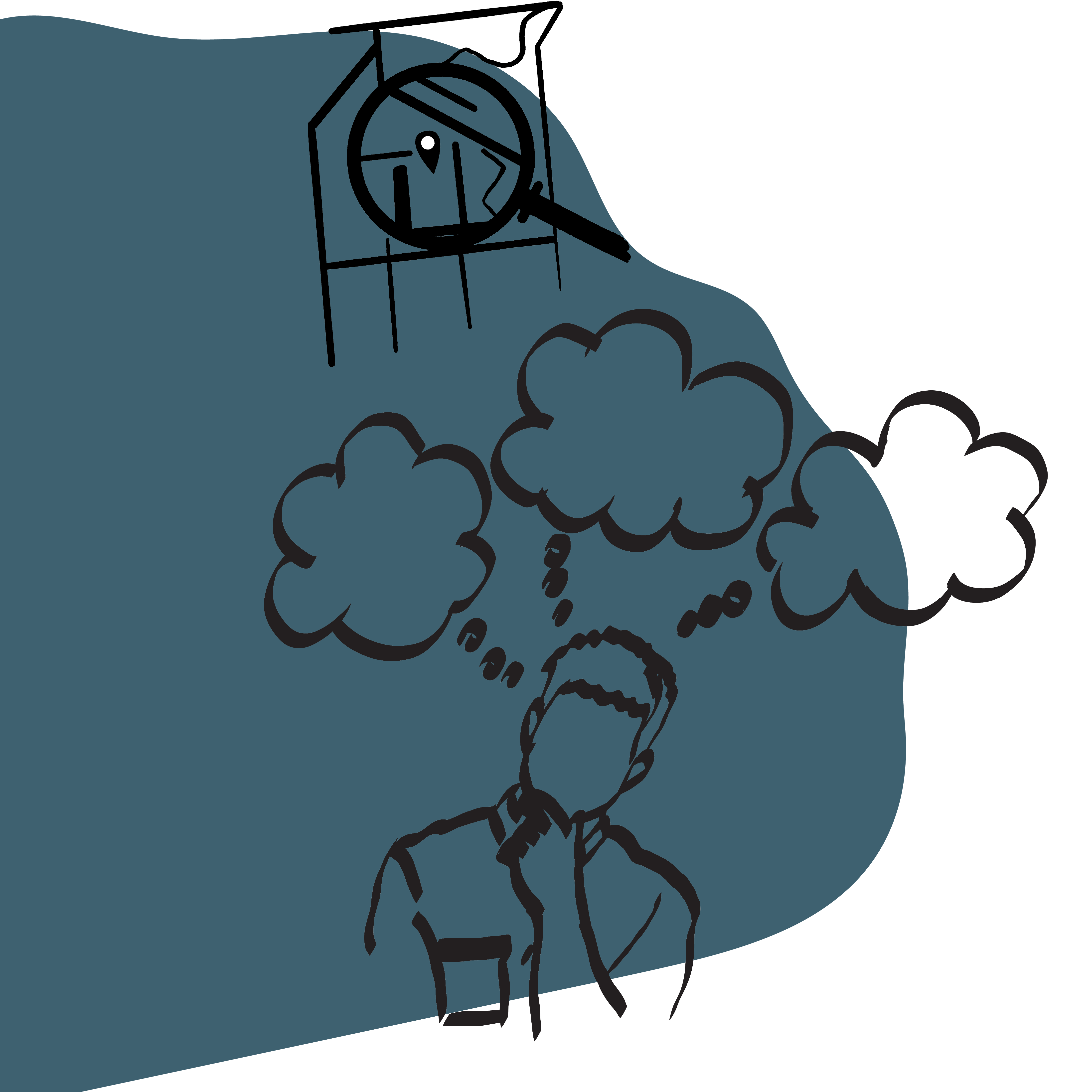 Person with thinking clouds and map with magnifying glass