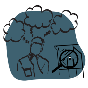 Person with thinking clouds and map with magnifying glass