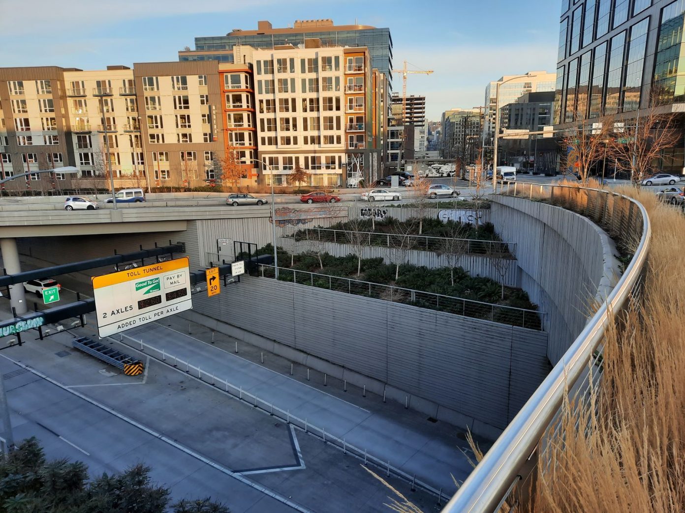 The north portal of the SR 99 tunnel with a toll rate display