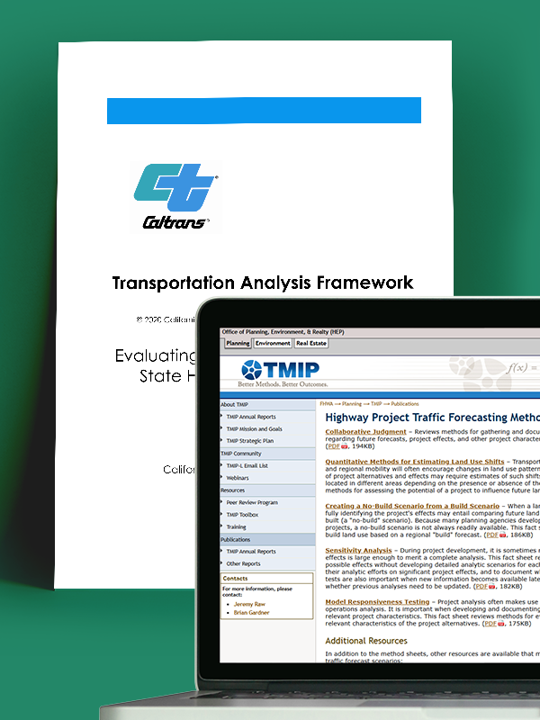 Image showing a portion of the TMIP resource website and the Caltrans Transportation Analysis Framework document