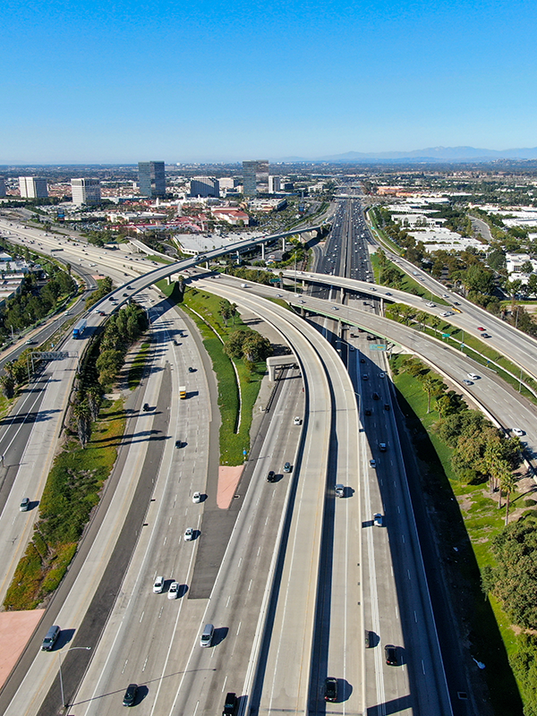 Large freeway interchange and stretch of freeway connecting different parts of a city
