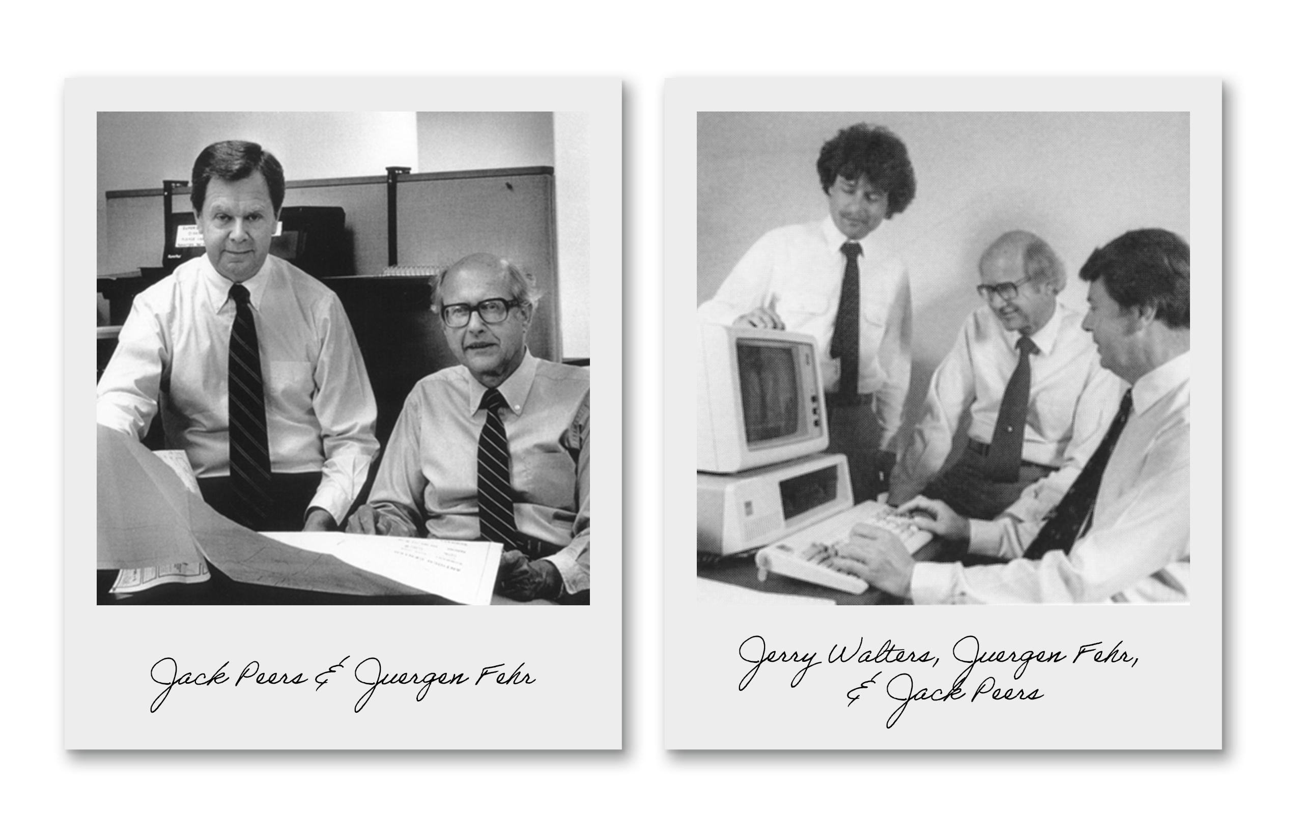 Two polaroids of the company founders - Juergen Fehr, Jack Peers and Jerry Walters - shown side by side