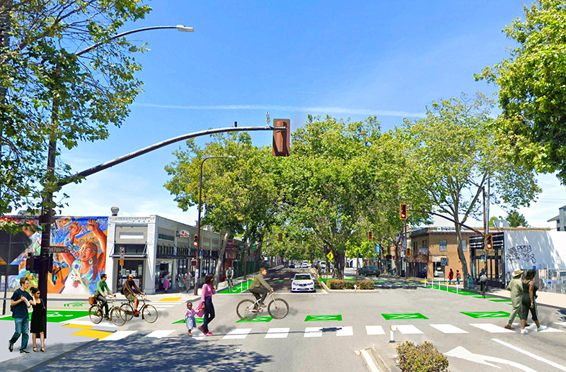Multimodal photosim of an intersection with pedestrians, bicyclists, and cars