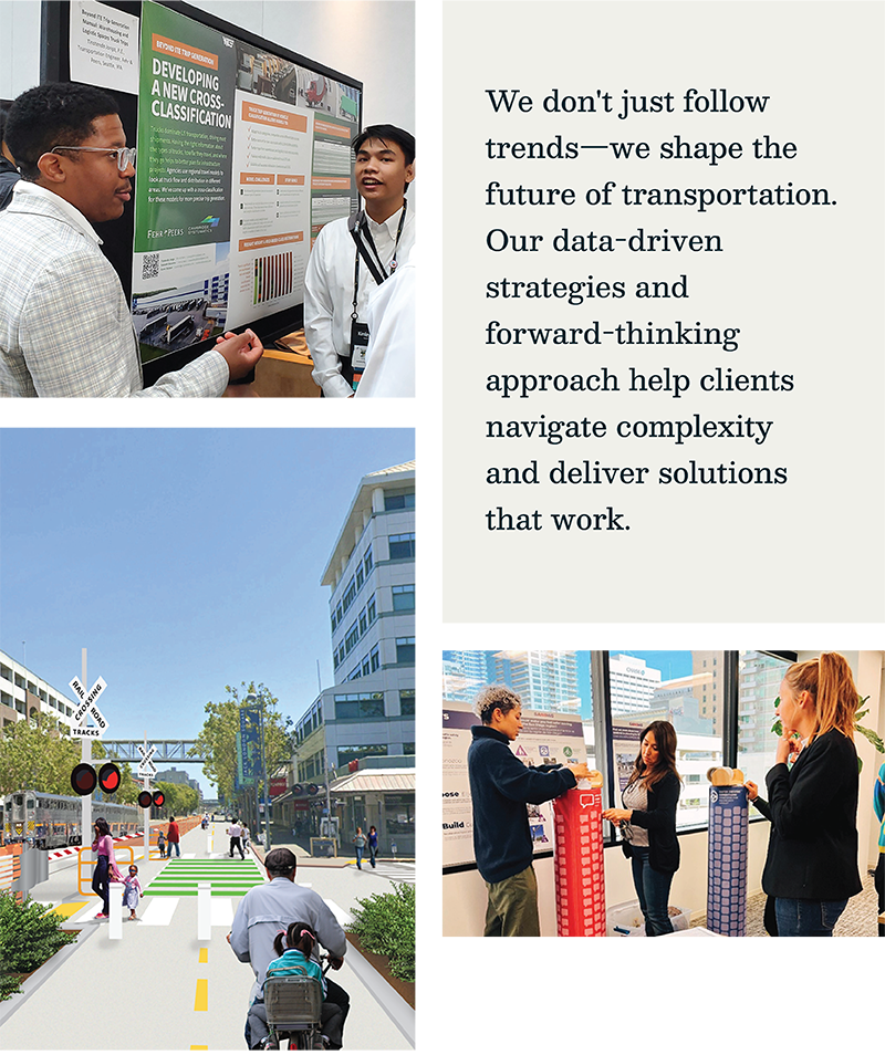 Photos of staff alongside a quote that says "We don't just follow trends—we shape the future of transportation. Our data-driven strategies and forward-thinking approach helps clients navigate complexity and deliver solutions that work."