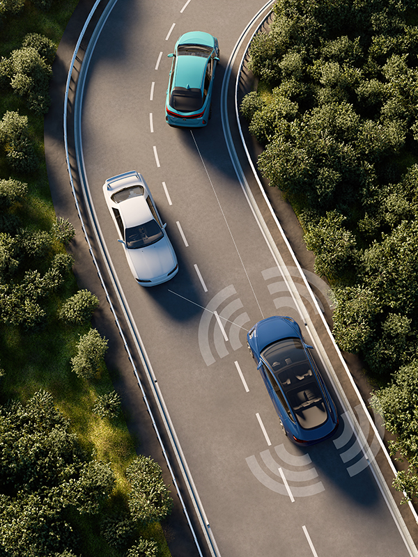 3D render of an autonomous car concept 3D top-view illustration of an autonomous electric car with camera sensors and laser technology for obstacle recognition. Vehicles driving on the highway.
