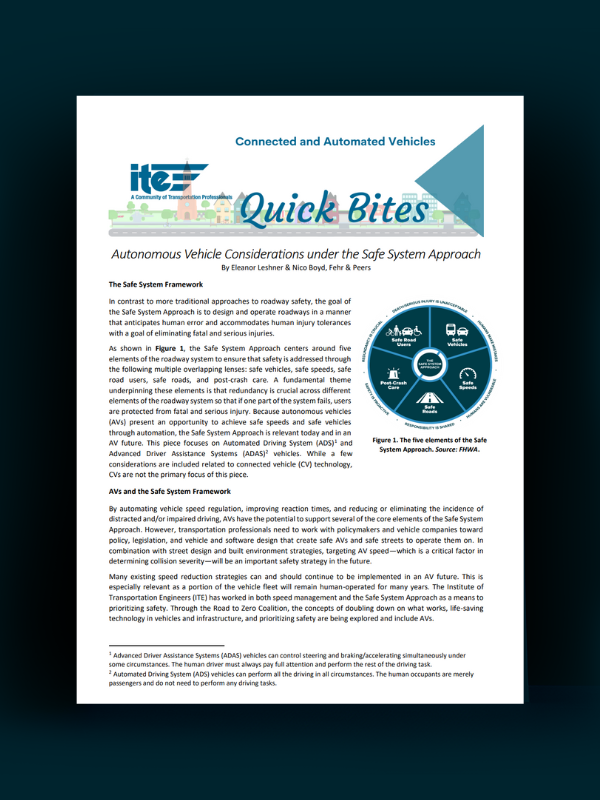 Header Image - Street Safety in an Autonomous Vehicle Future - Post - October2021 First page of Autonomous Vehicle Considerations under the Safe System Approach ITE report