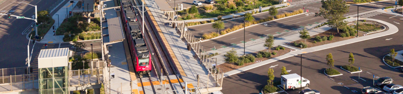 The new San Diego blue line trolley station platform at UCSD Medical Center on Nobel Drive.