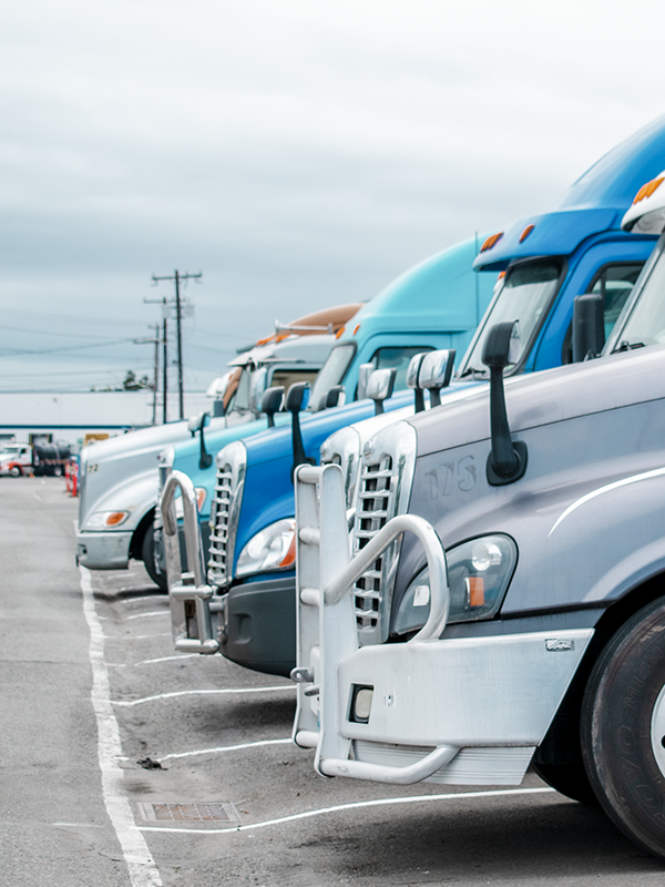 Row of blue and gray freight trucks in a parking lot