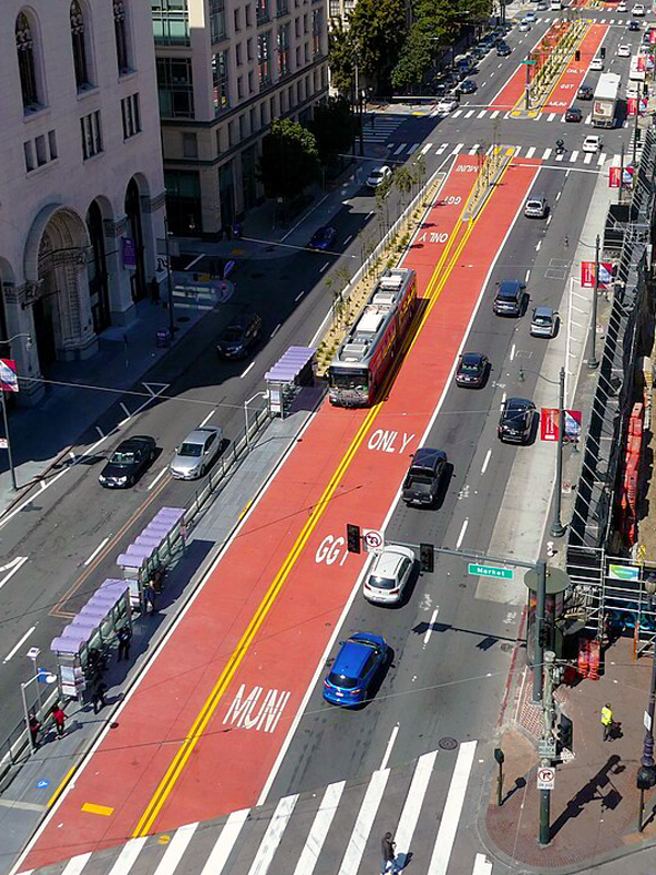 Red Bus Rapid Transit lanes on Van Ness in San Francisco, CA