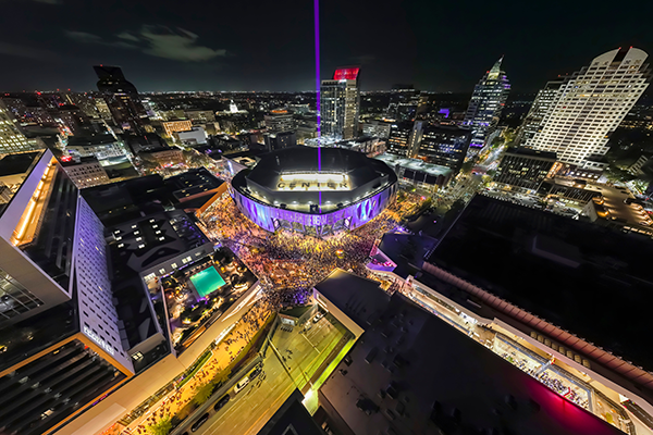 Aerial night view of Golden 1 Center