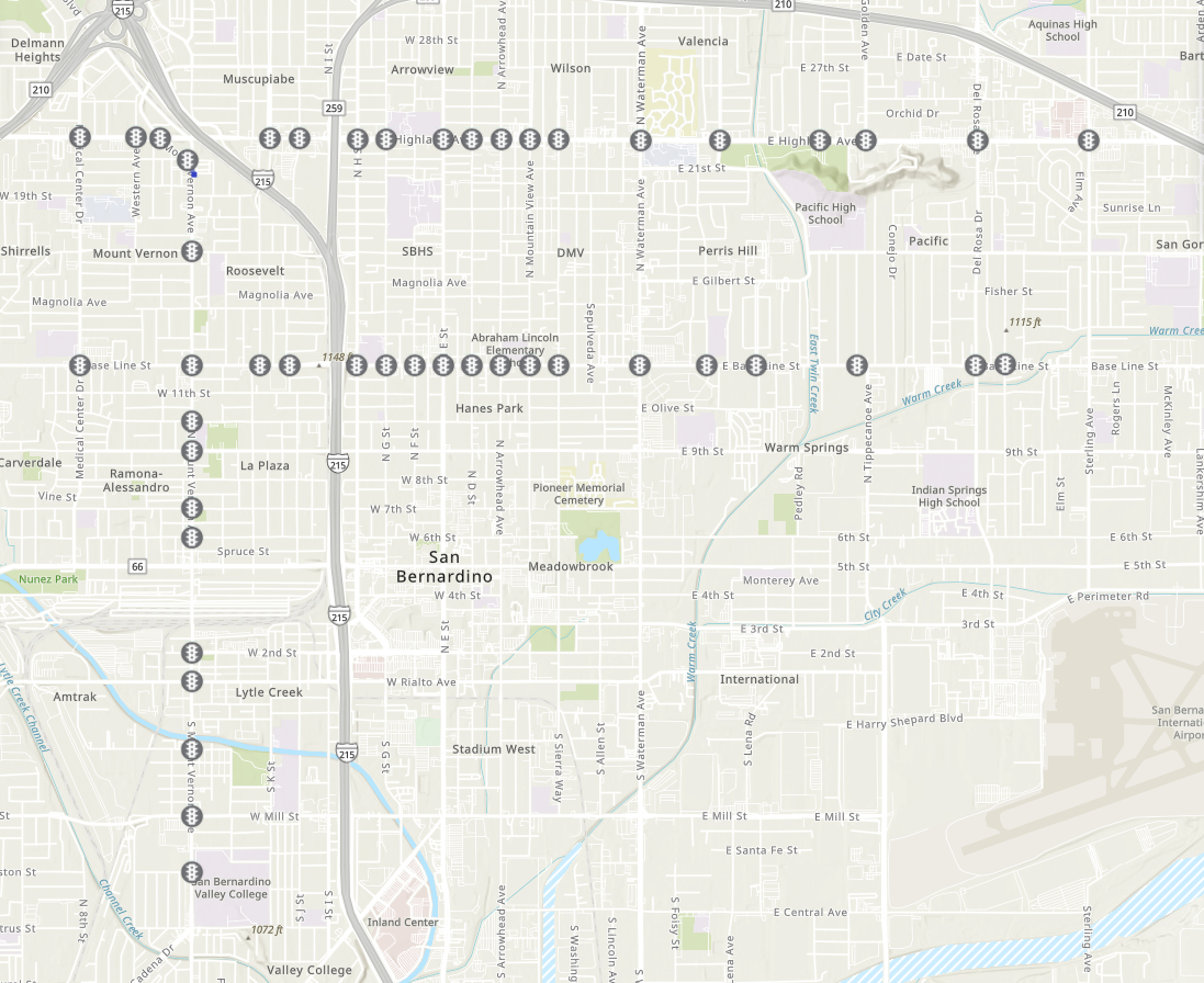 City of San Bernardino Intersections - blog - August2026 Storymap showing the 49 intersections with dilemma zone upgrades.