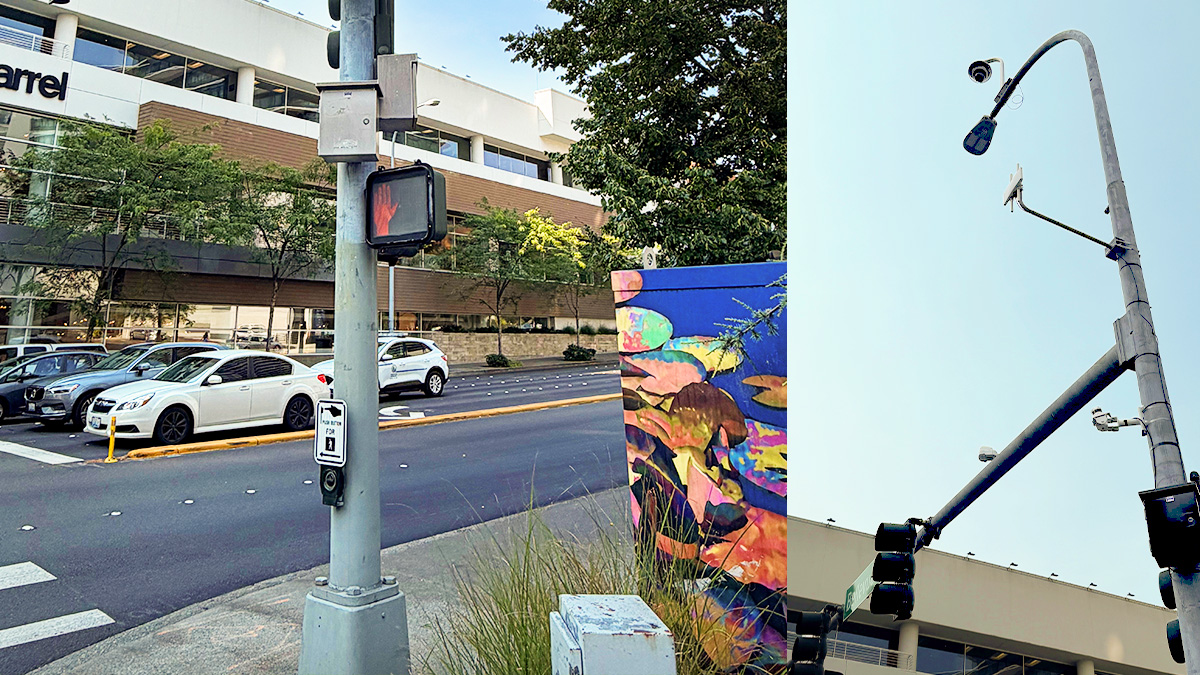Signal Post in San Bernardino Collage - blog - August2026 A signal post at a busy intersection in Bellevue.